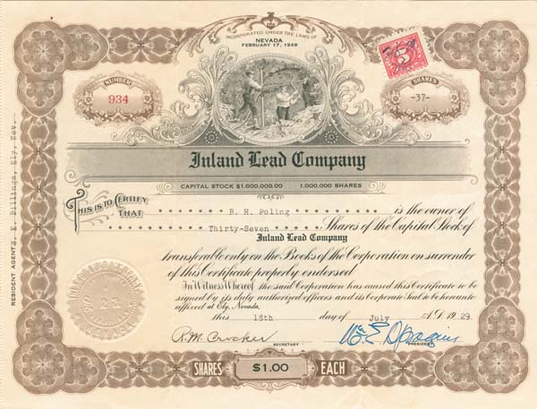 Inland Lead Co. - Stock Certificate